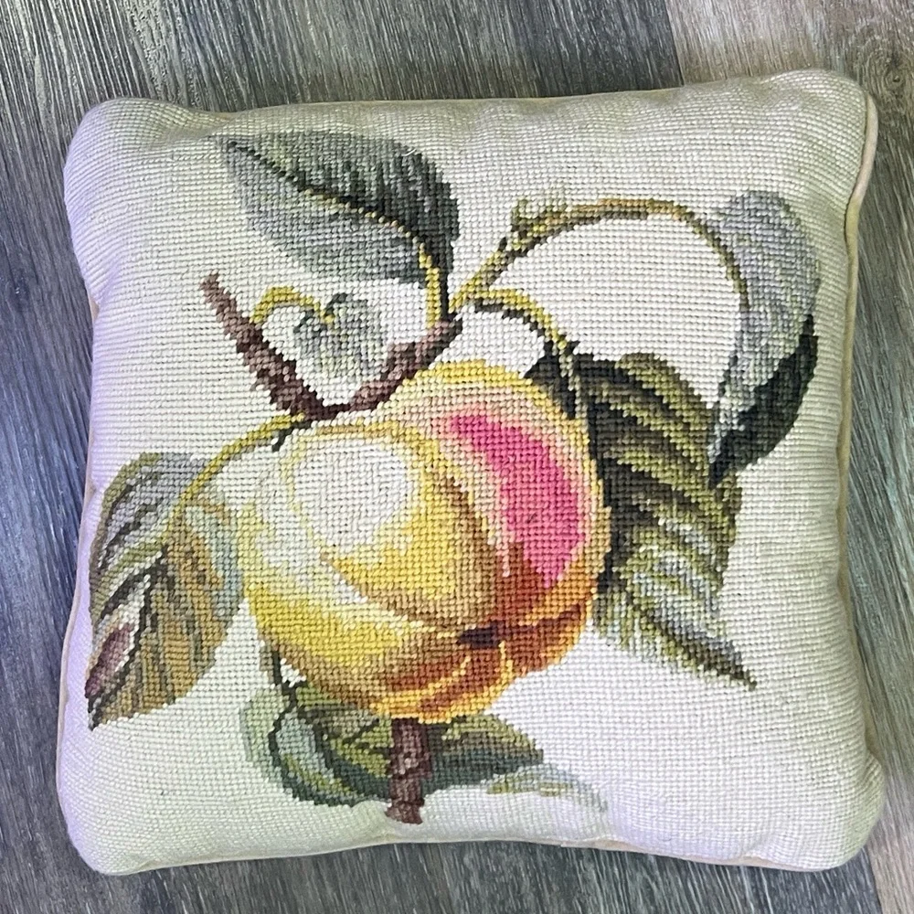 Vintage peach design needle point accent pillow with yellow velour back